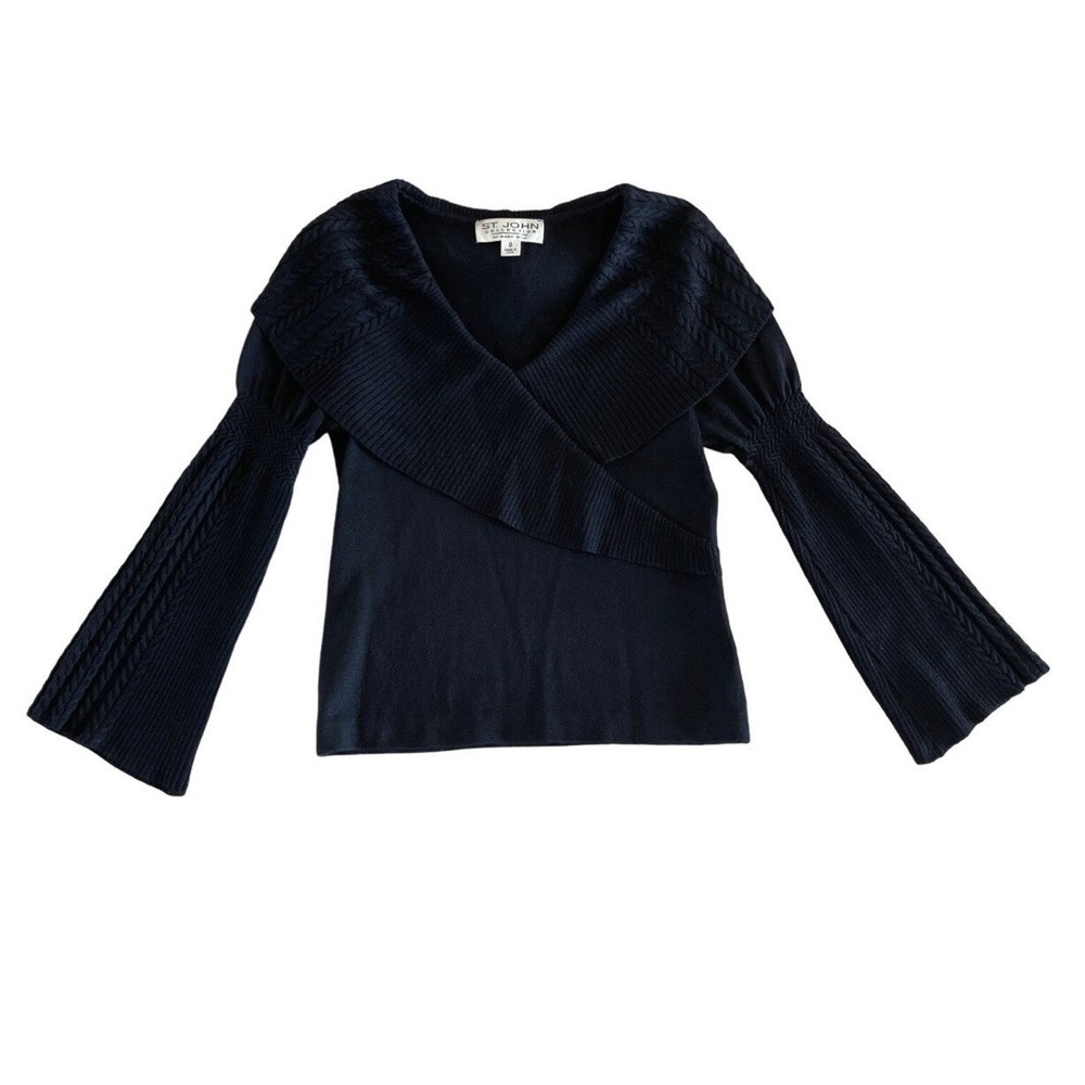 Vintage St. John Collection Marie Gray Black Knit Wrap Bell Sleeve Sweater Sz 0